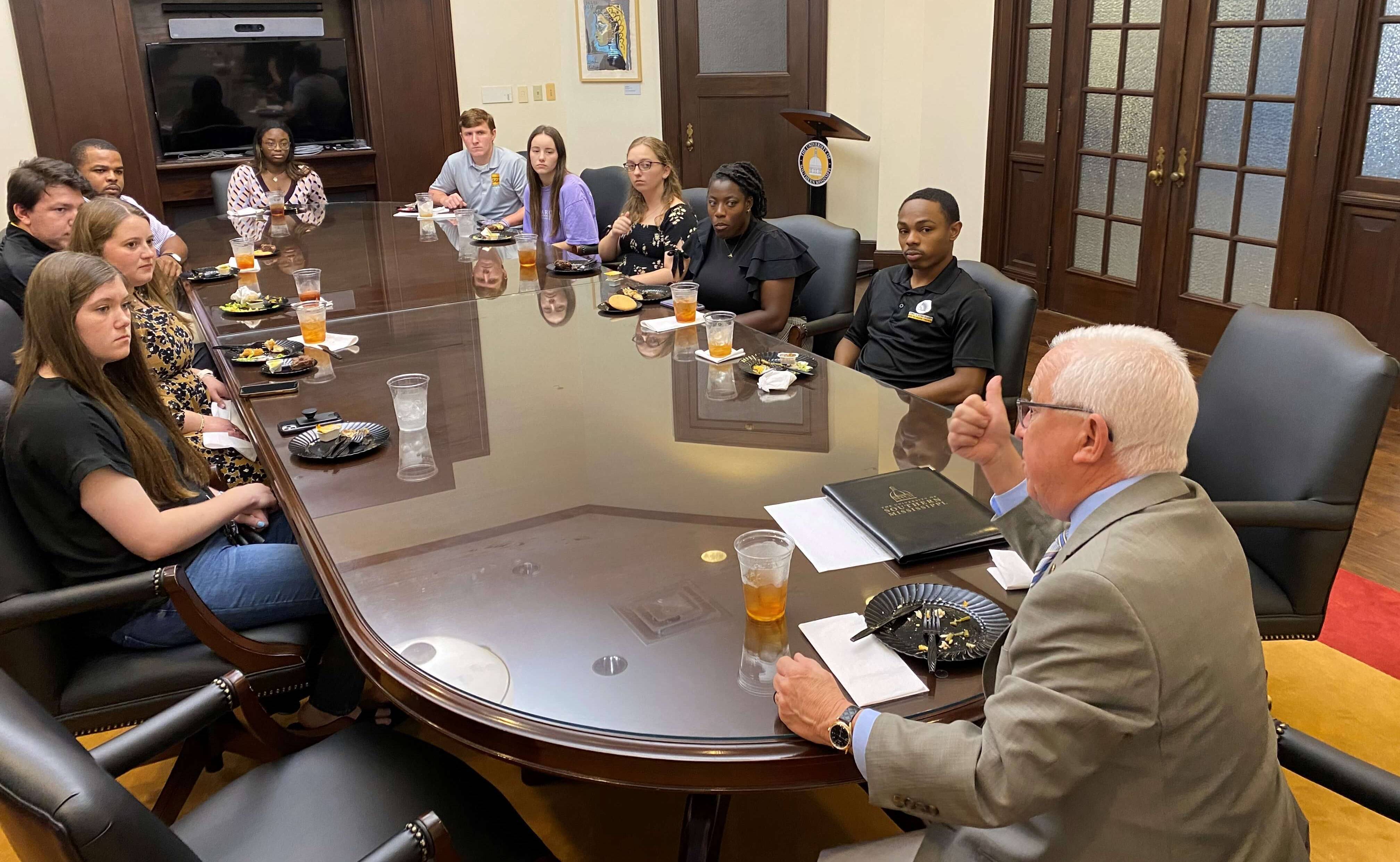 USM President Dr. Joe Paul, foreground, holds the first meeting of the President’s Student Leaders Committee Sept. 22 at the Aubrey K. Lucas Administration Building Conference Room (USM photo by David Tisdale).