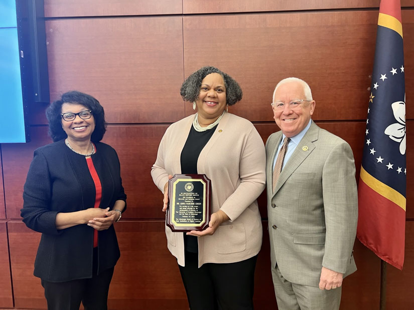 Mississippi Institutions of Higher Learning (IHL) Trustee Dr. Ormella Cummings, left, chair of the Board of Trustees’ Diversity Committee, with Dr. Adina Green, center, USM’s recipient of the IHL’s 2023 Excellence in Diversity and Inclusion Award, and USM President Dr. Joseph S. Paul. 