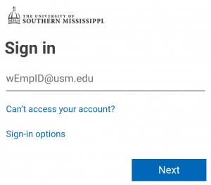 The Univeristy of Southern Mississippi login screen
