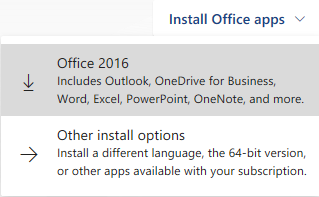 screenshot of the Office 365 application install dropdown menu