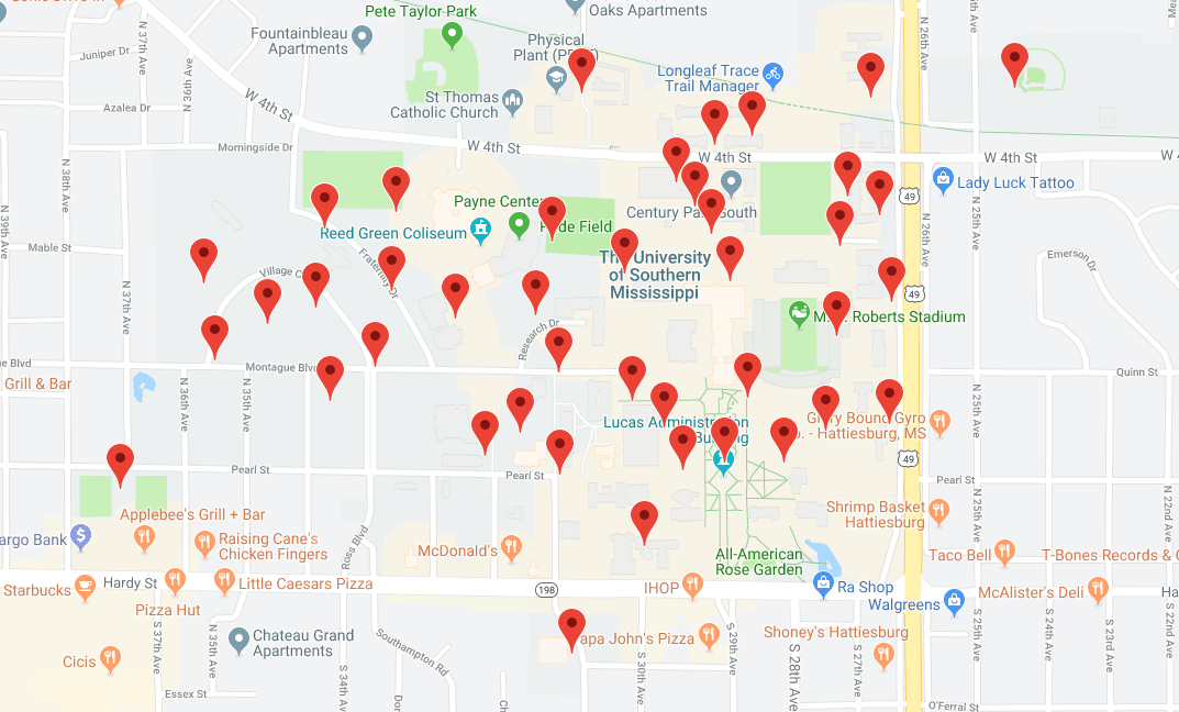 Hattiesburg Campus Code Blue Emergency Phones Map