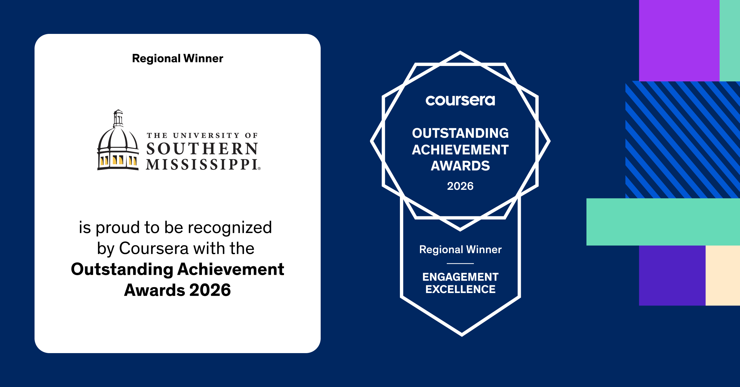 Southern Miss is proud to be recognized by Coursera with the Outstanding Achievement Award for Engagement Excellence