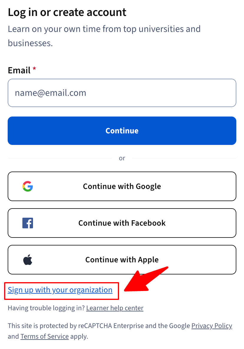 Screenshot of the Coursera sign in window