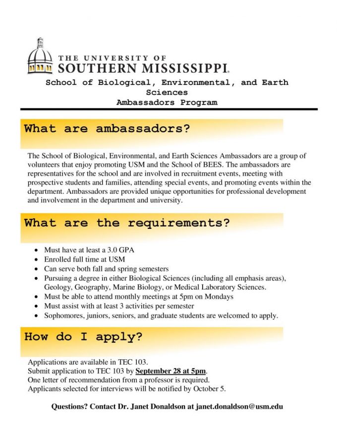 Want to be an Ambassador? | School of Biological, Environmental and Earth  Sciences | The University of Southern Mississippi