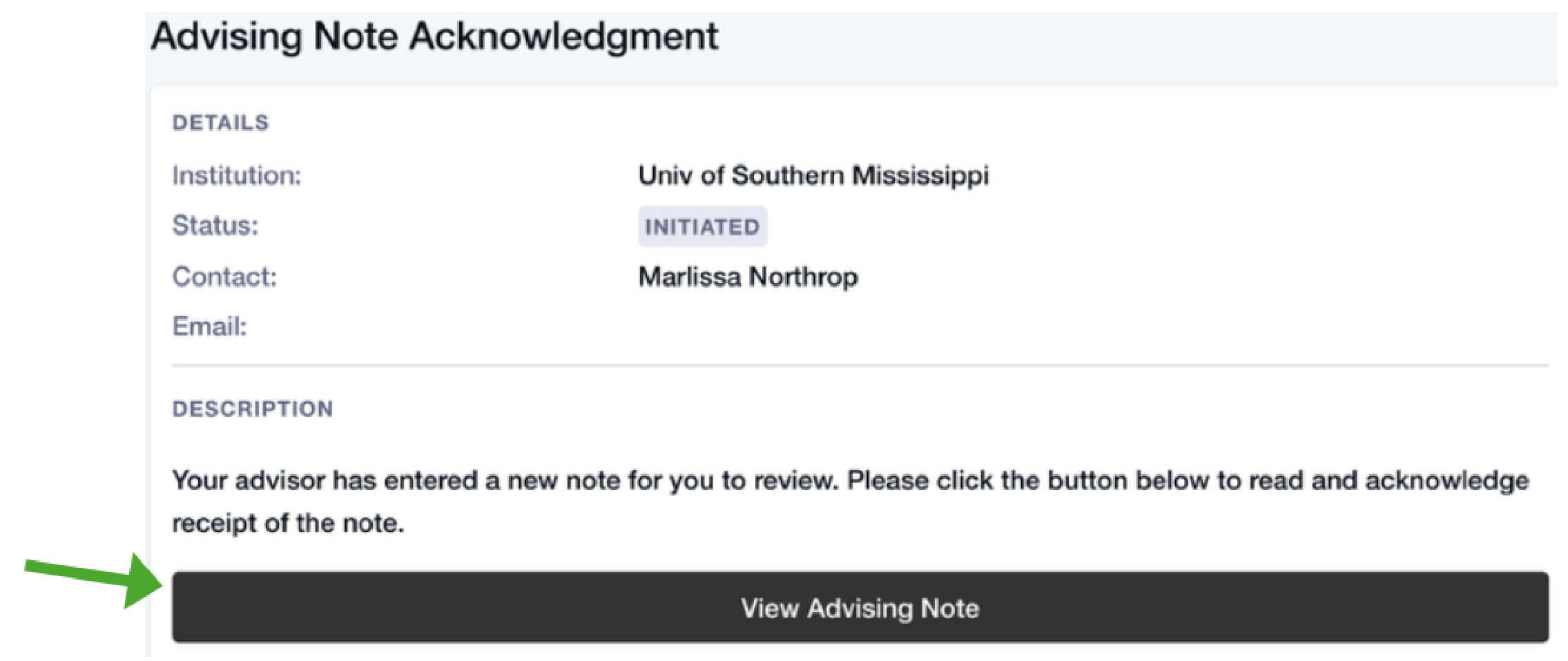 Screenshot of View Advising Note button
