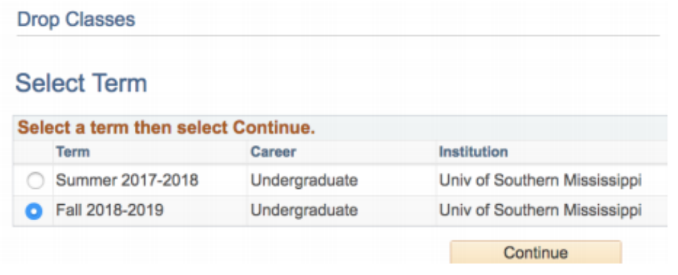 Screenshot of term selection