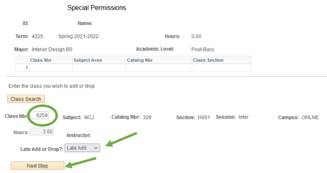 Screenshot of class number box, Late Add option, and Next Step Button
