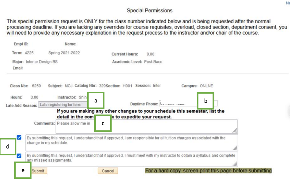Screenshot of entry boxes for reason, phone number, comments, approval, and submit