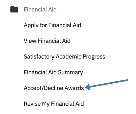 Screenshot of the choices under financial aid with accept/declinemarked
