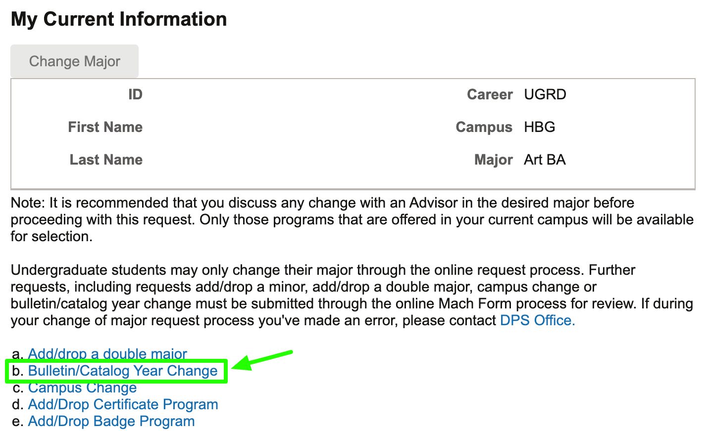 Screenshot of the options under enrollment, highlighting Change of Major