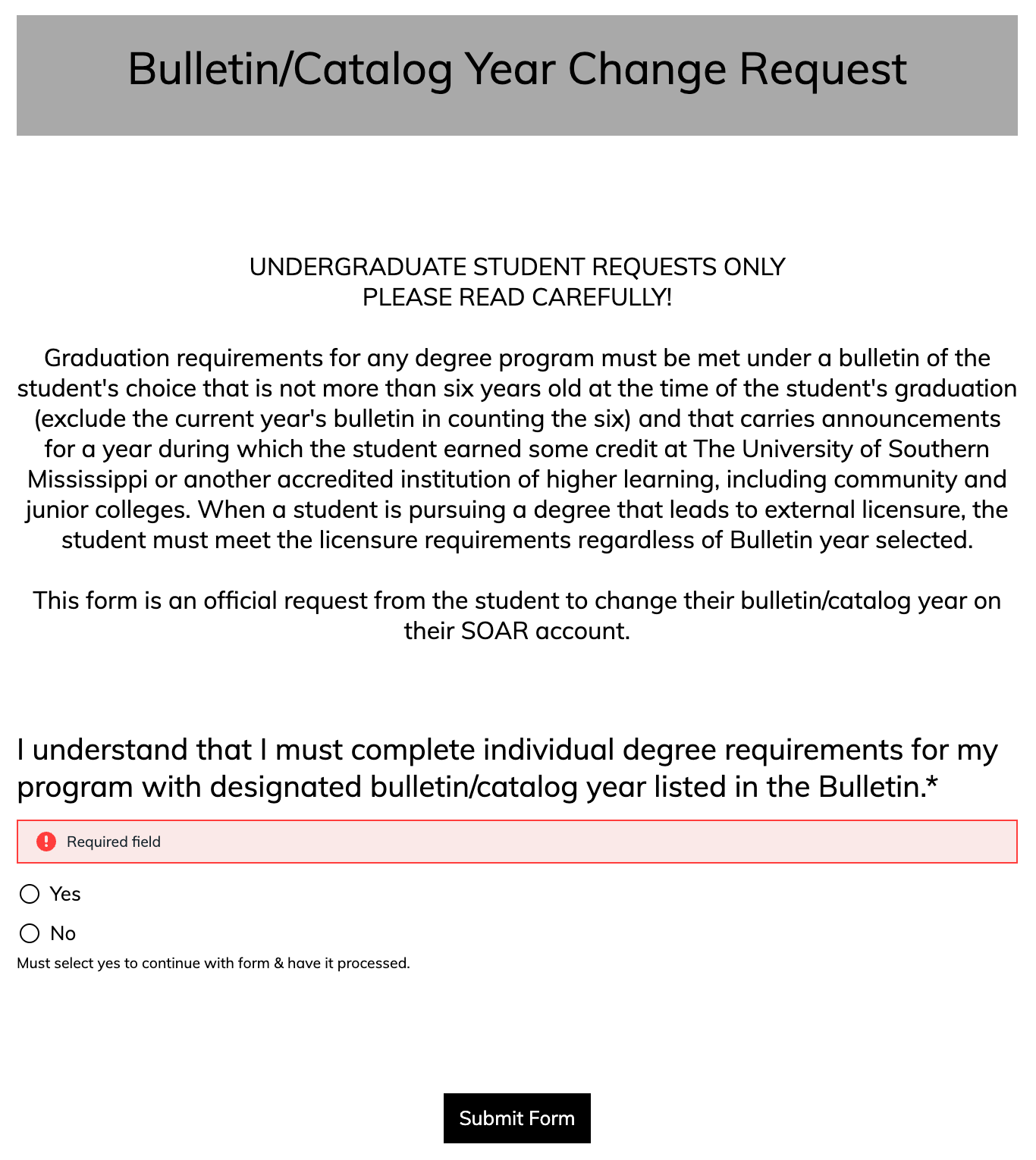 Screenshot of the Bulletin/Catalog Year Chamge Request Form