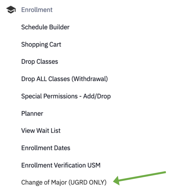 Screenshot of choices under Enrollment tab