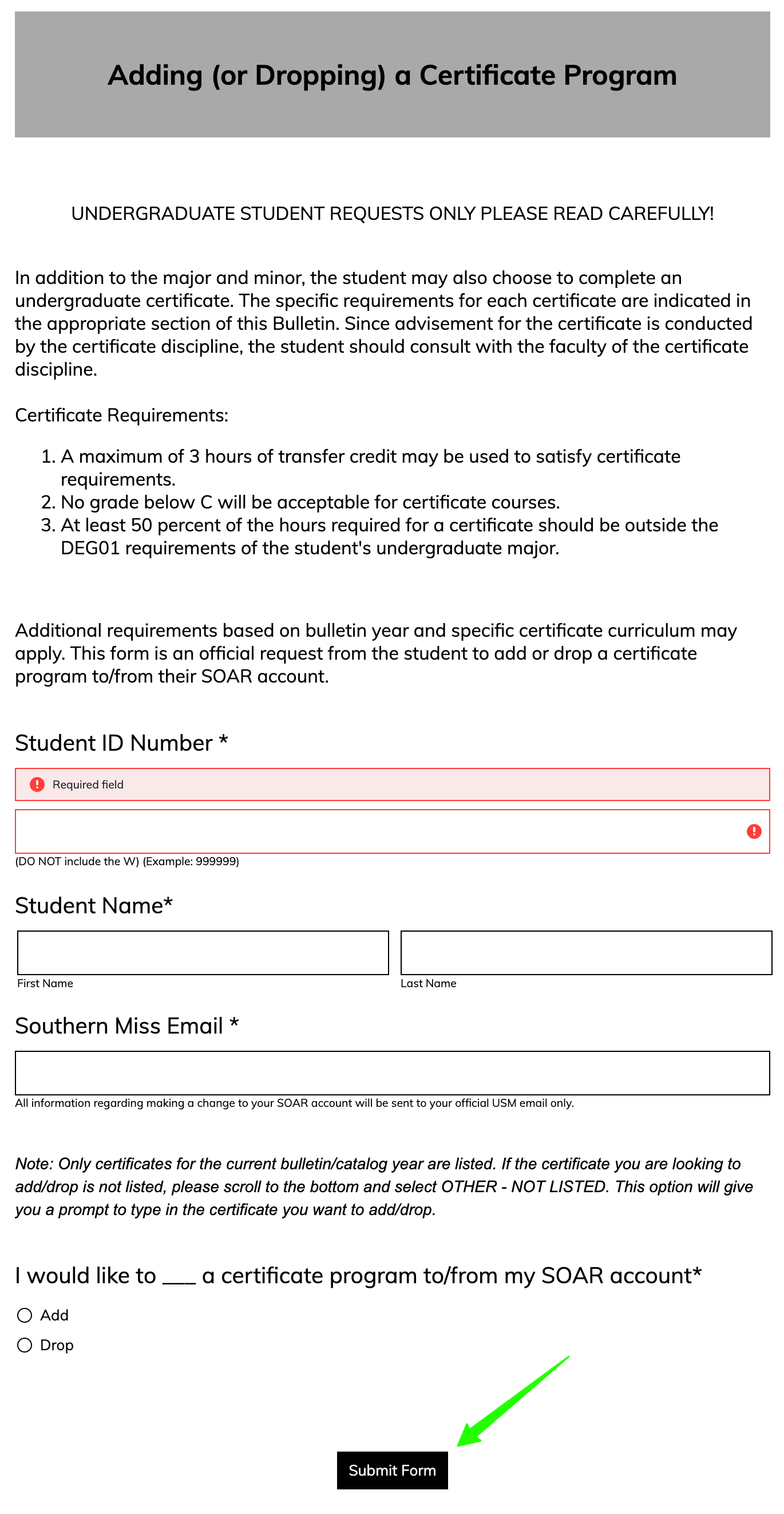 Screenshot of certificate form