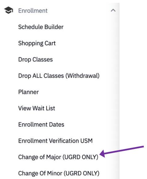 Screenshot of the Change of Major option in the Enrollment tab
