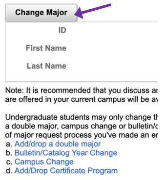 Screenshot of the Change My Major button