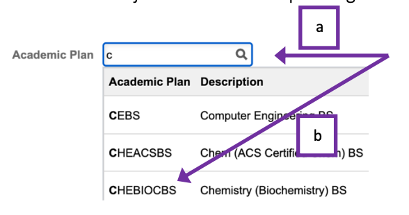 Screenshot of the text boxes which allow you to search for your major