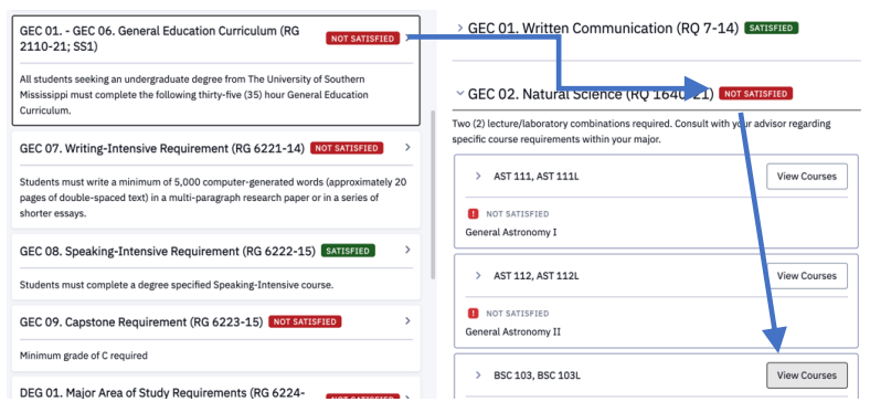 Screenshot showing requirements marked SATISFIED or NOT SATISFIED