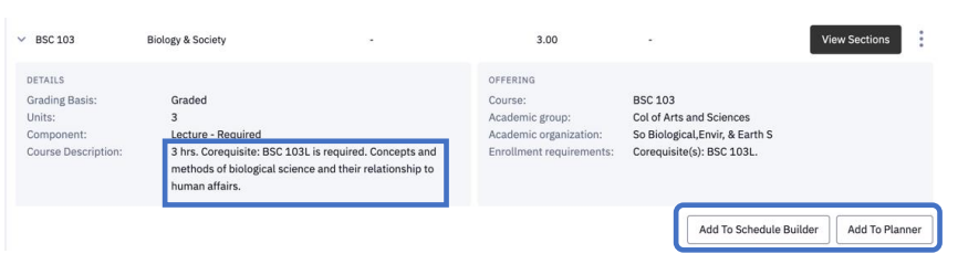 Screenshot showing listing of corequisites and Add to Schedule Builder and Add to Panner buttons