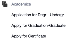 Screenshot of the application choices: Undergraduate Degree Application, Graduate Degree Application, and Certificate Application