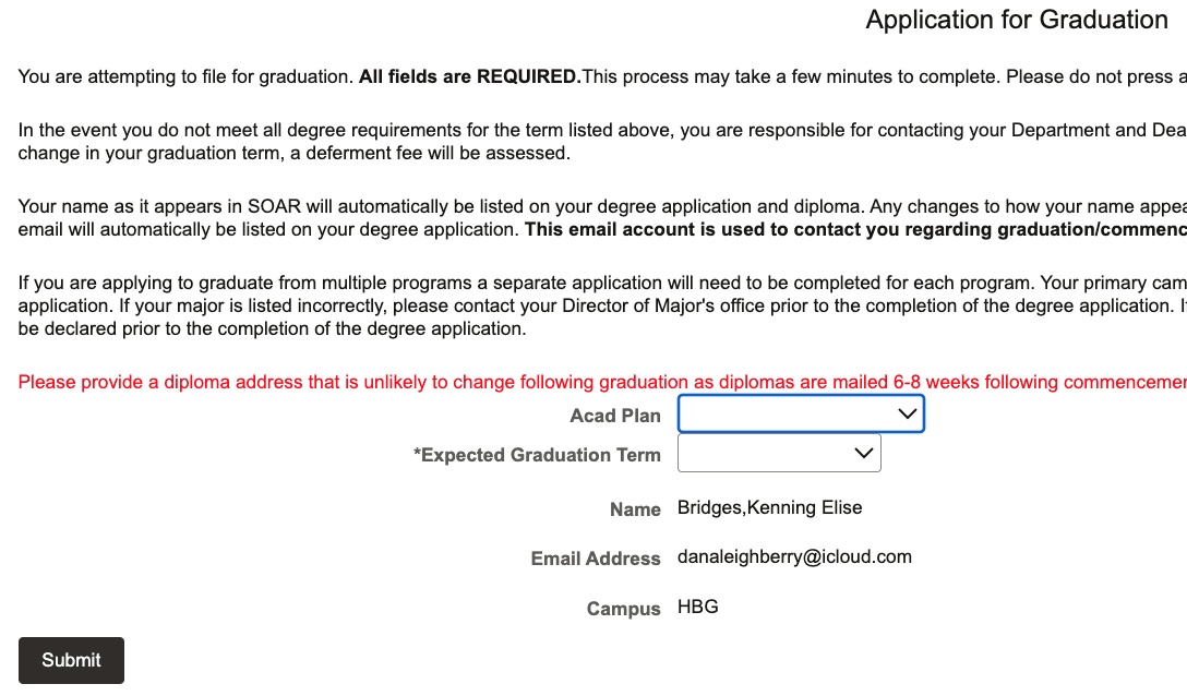 Screenshot of instructions and term and academic plan entry