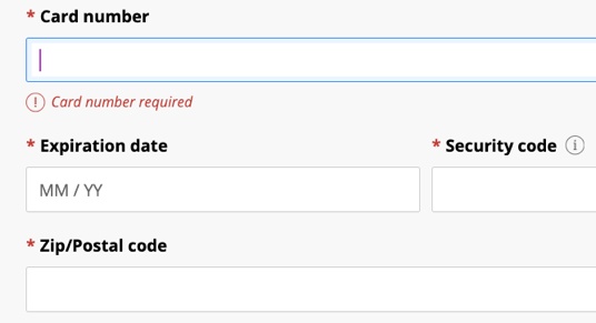 Screenshot of credit card entry in CashNet