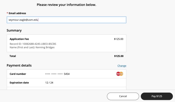 Screenshot of review information displayed before you submit payment