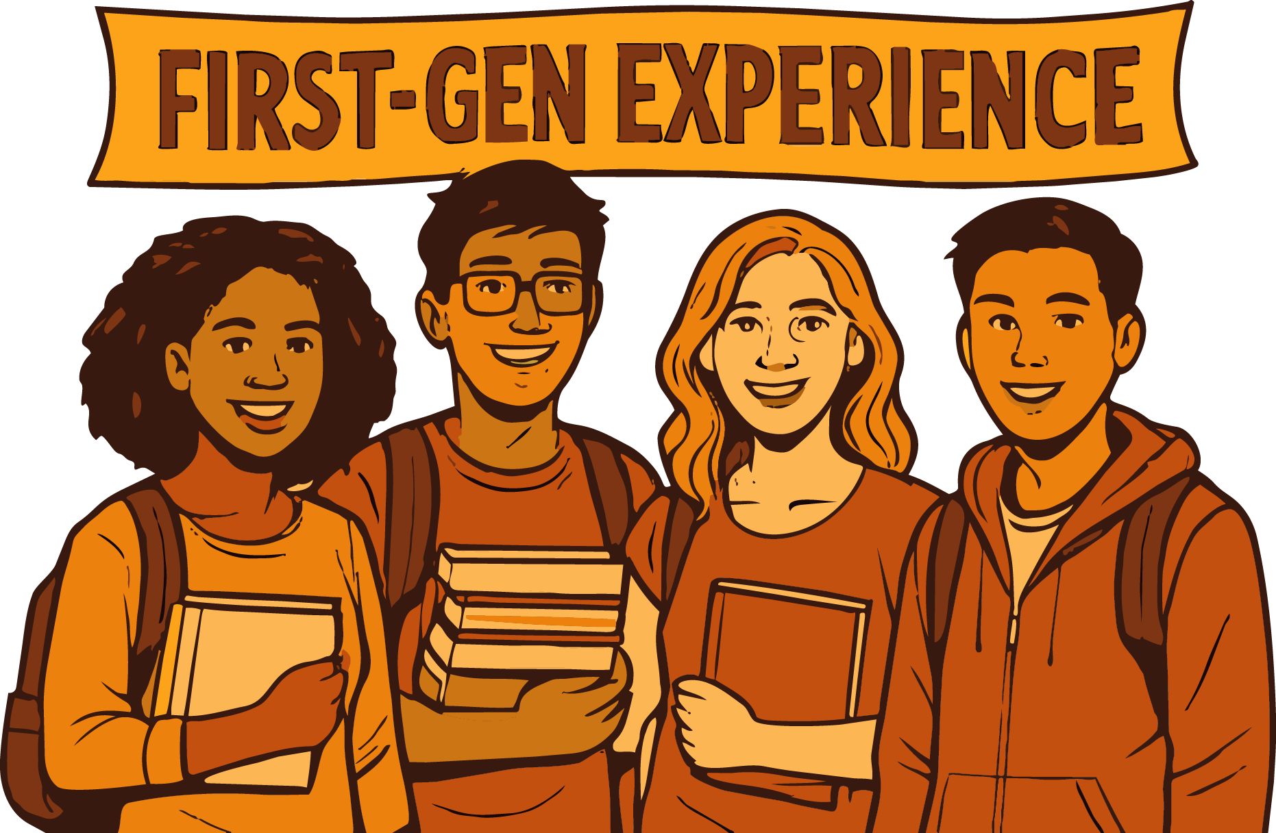Cartoon of smiling college students standing under a banner that says "First Gen Experience"