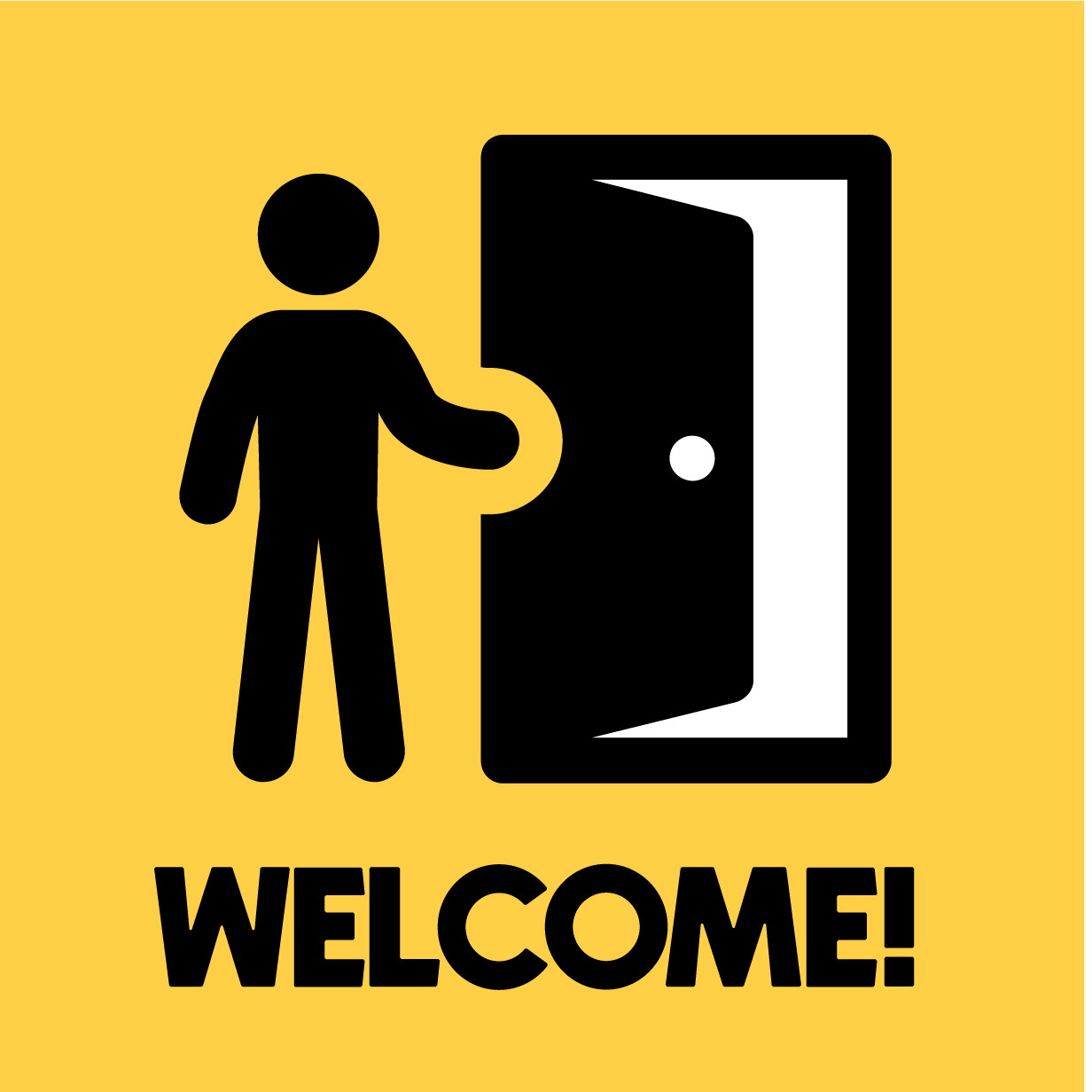 Graphic of a student opening a door with the word welcome written underneath