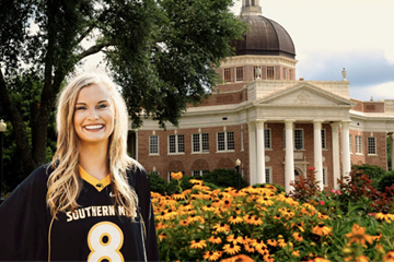 Female USM Student in front of the Dome virtual background
